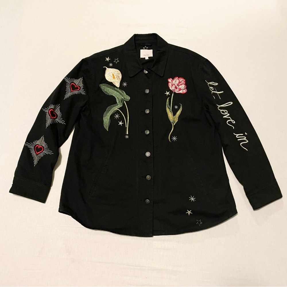 Cinq a Sept Let Love In Embroidered Heart Star Flower Jacket Black Size Large